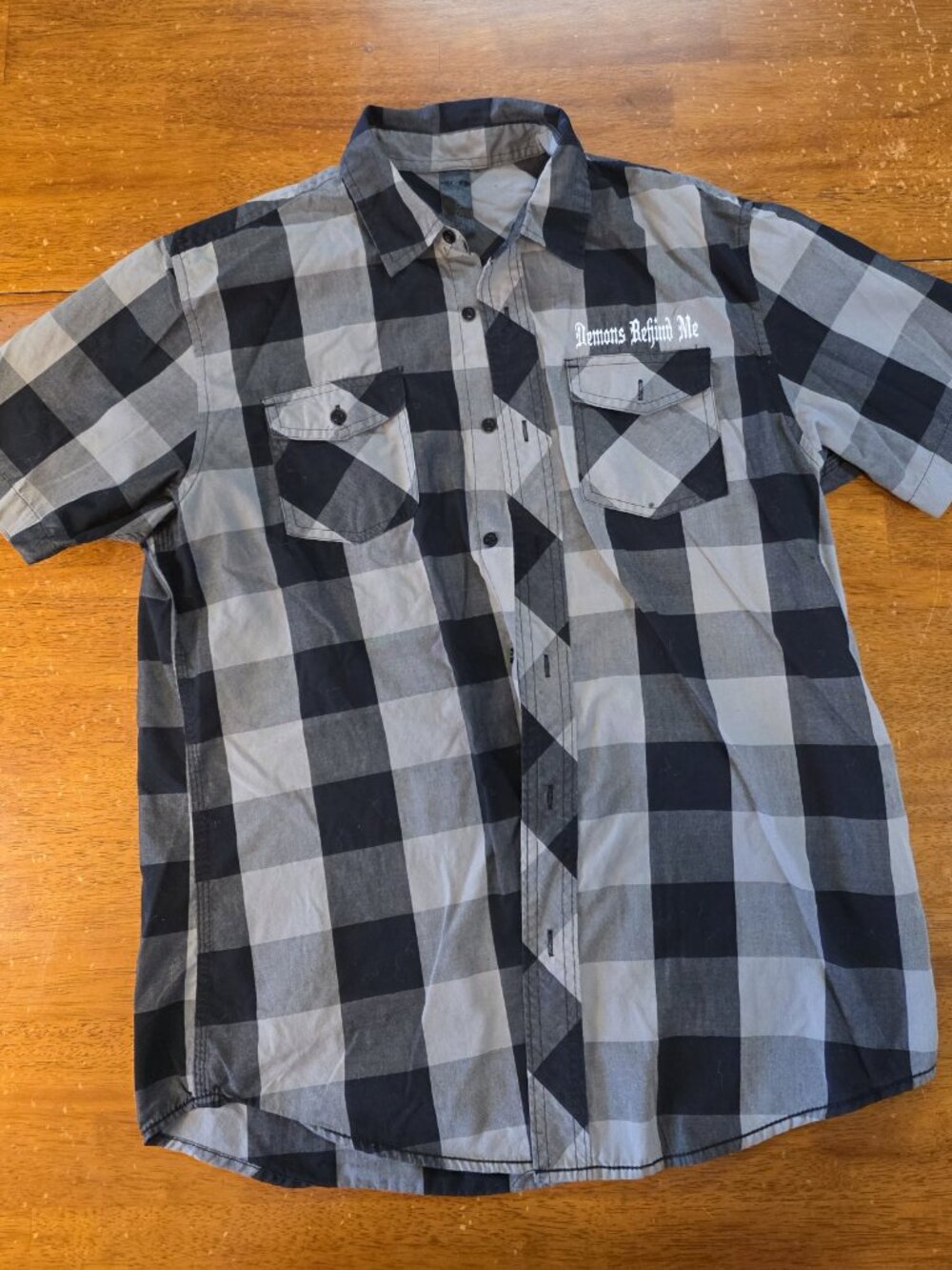 Burnside Button Up Shirt Men L Black Gray Plaid Short Sleeve Snap Flap Pockets
